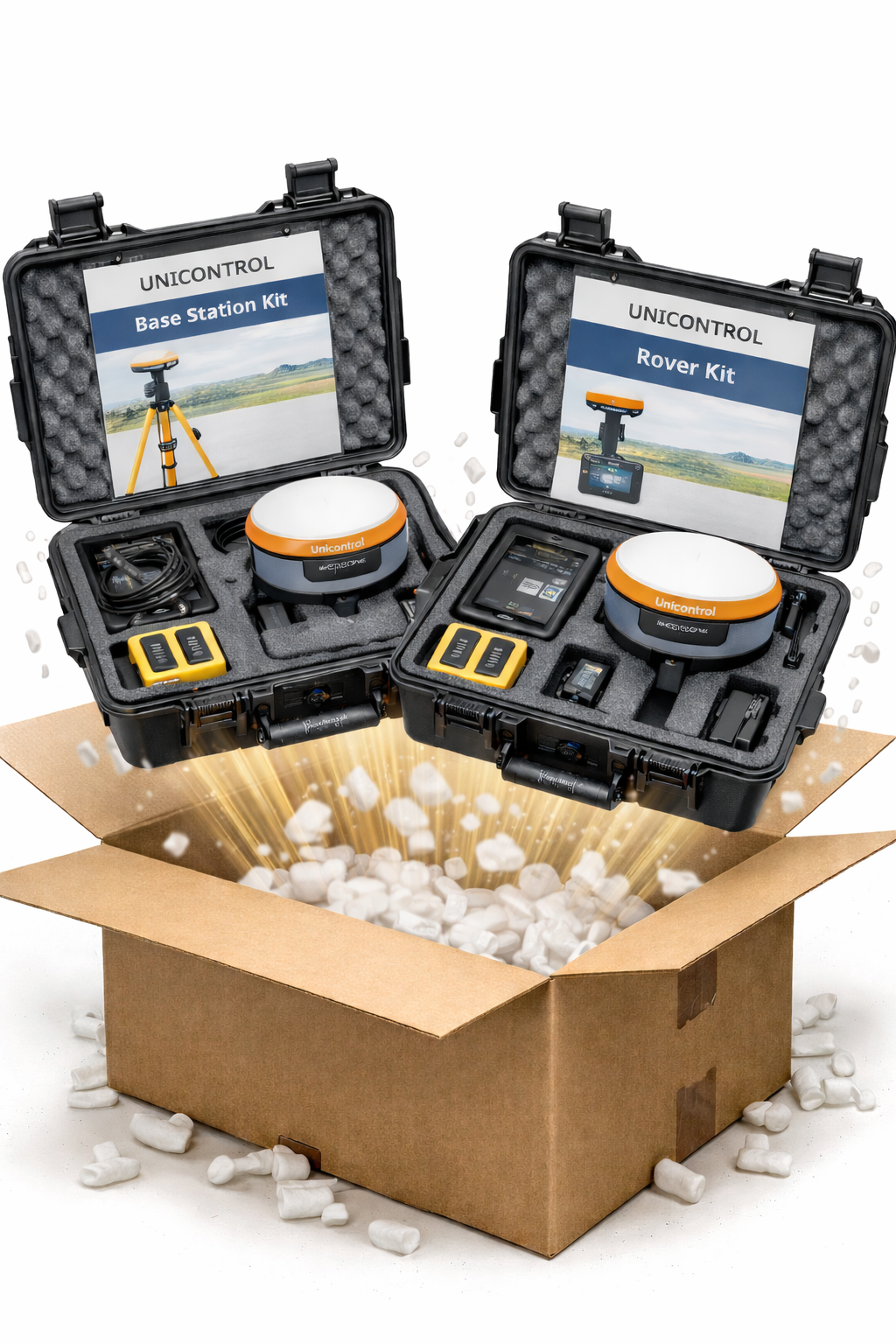 Two Unicontrol kits, one Base Station and one Rover, with equipment and accessories, depicted above an open cardboard box with packing peanuts, suggesting delivery or packaging.