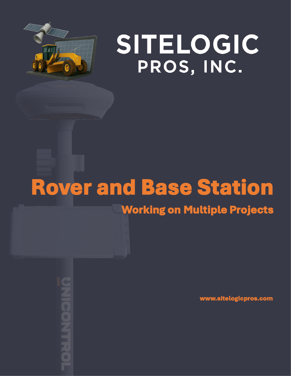 Promotional poster for SiteLogic Pros, Inc. featuring a Rover and Base Station used for multiple projects, with company website www.sitelogicpros.com.