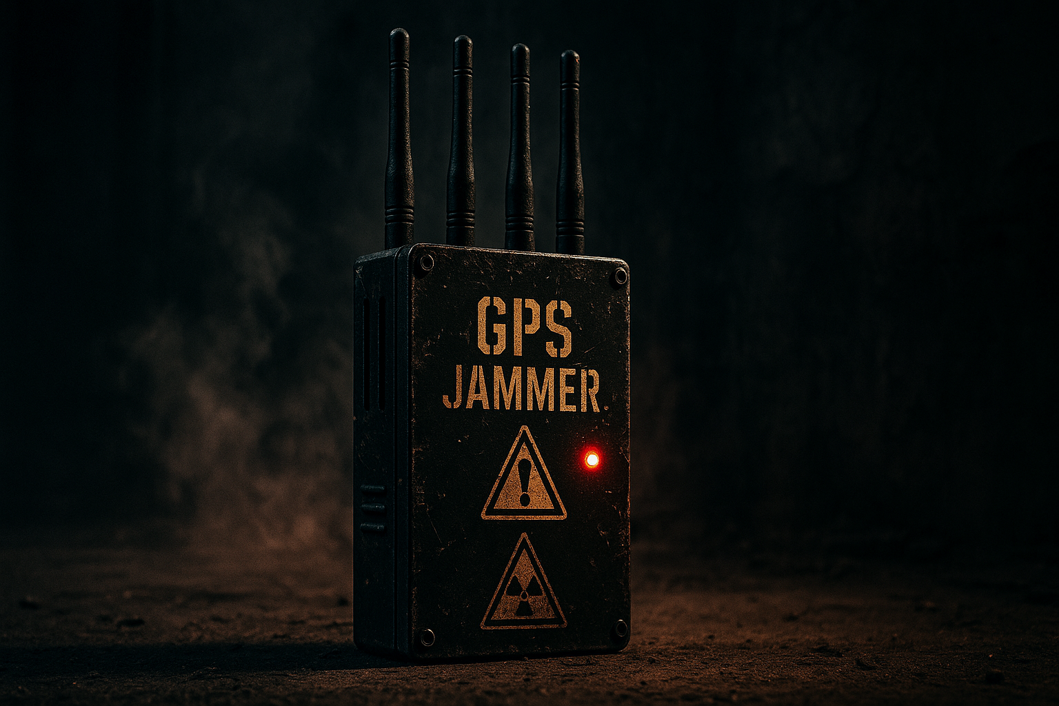 A black electronic device labeled 'GPS JAMMER' with four antennas on top, emitting a red light, placed on a dirt floor in front of a dark background.