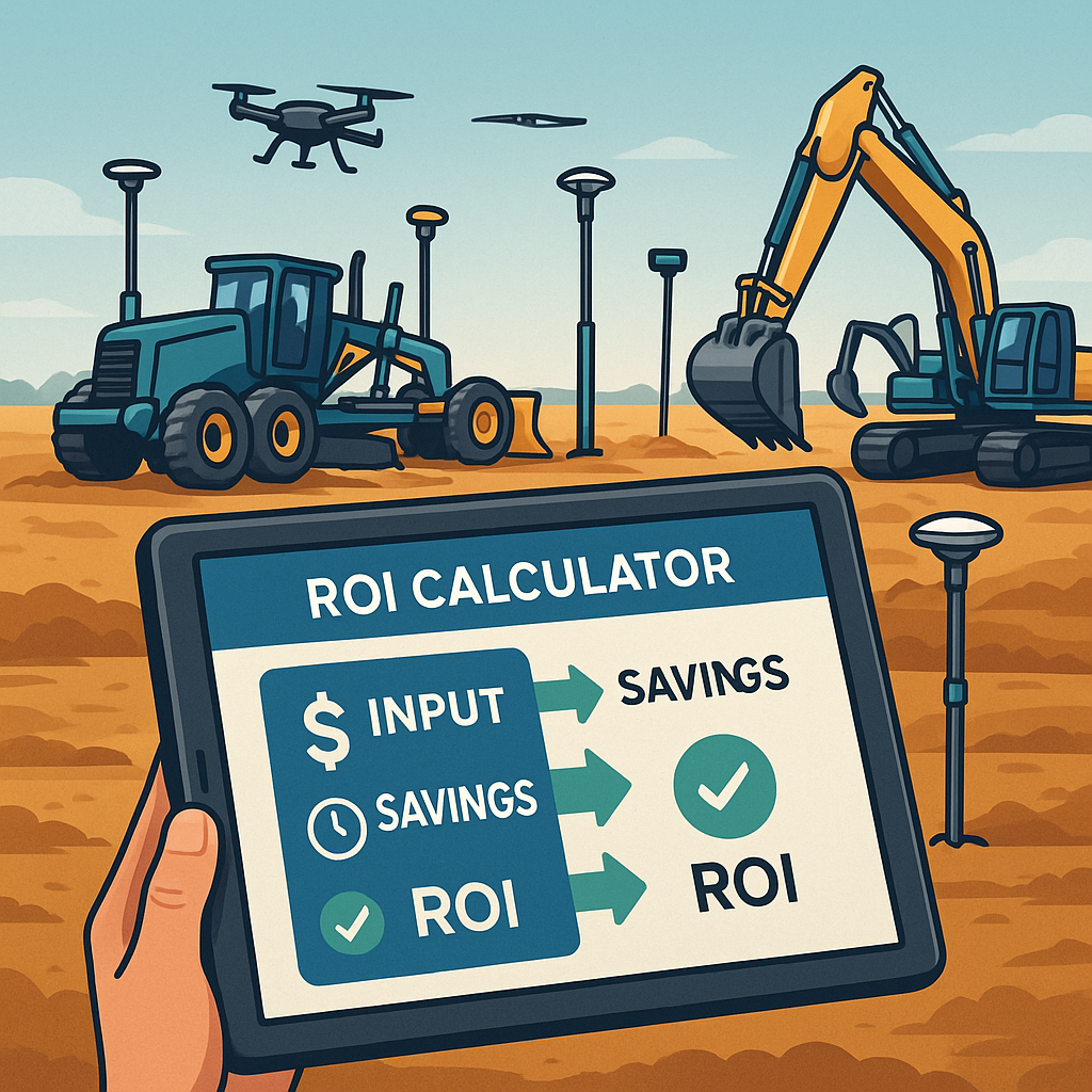A construction scene with a drone, a bulldozer, and an excavator working on a dirt site, while a person holds a tablet displaying an ROI calculator with input parameters for savings and ROI.