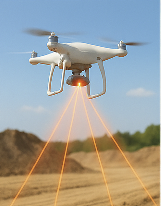 A drone with four propellers flying over dirt ground, emitting laser beams or light streams downward.