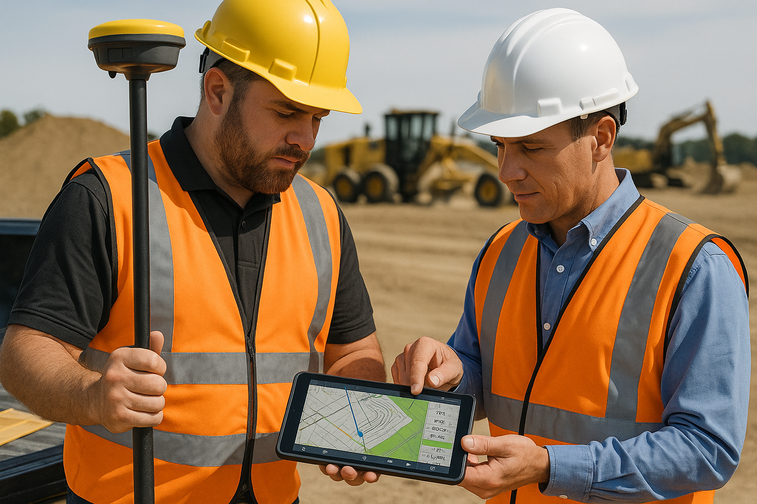 Two construction workers in safety vests and hard hats review a digital tablet with site plans at a construction site prepared with heavy machinery and dirt mounds.
