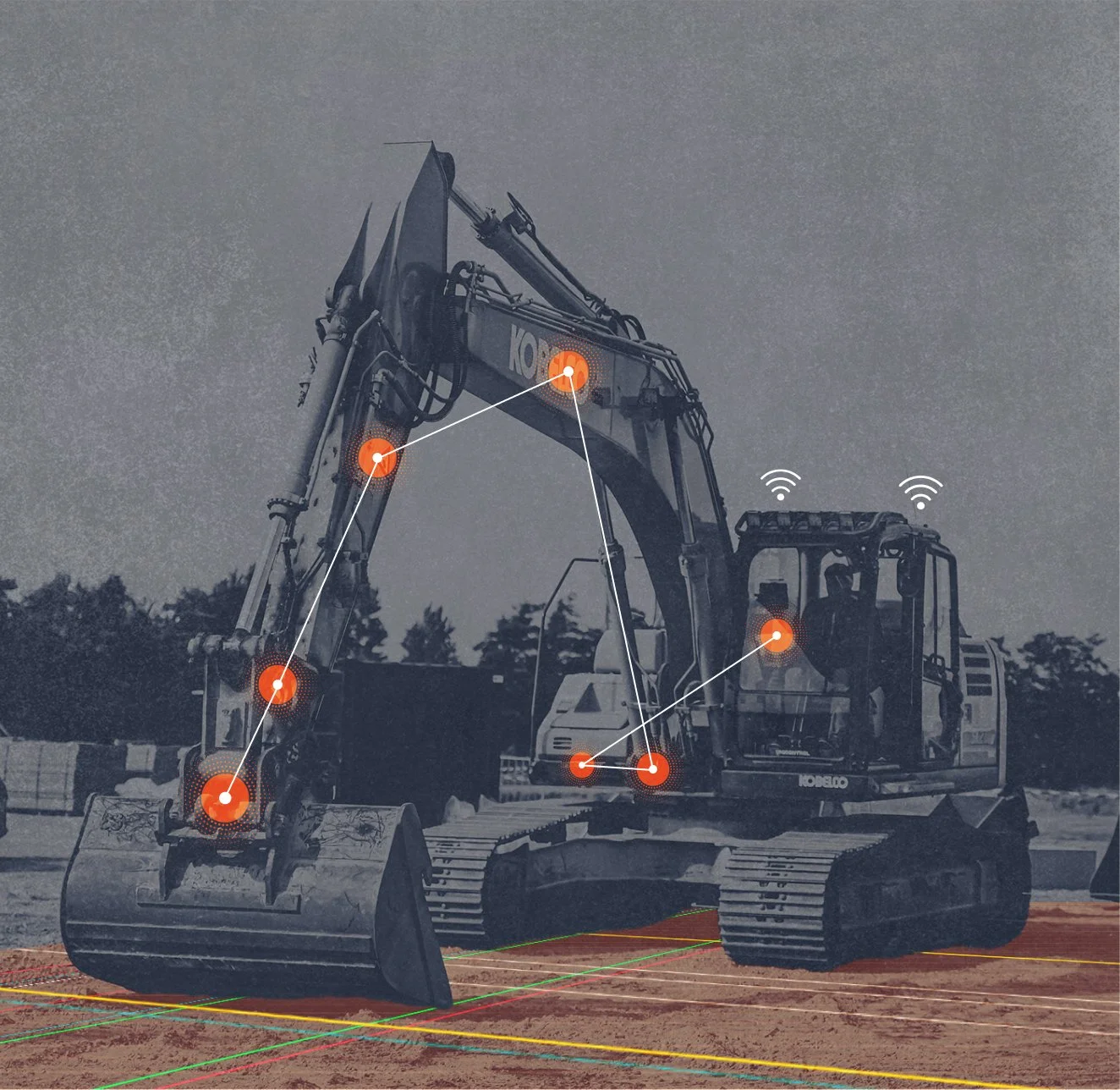 Construction excavator on a construction site with overlaid digital tracking points and Wi-Fi signals.