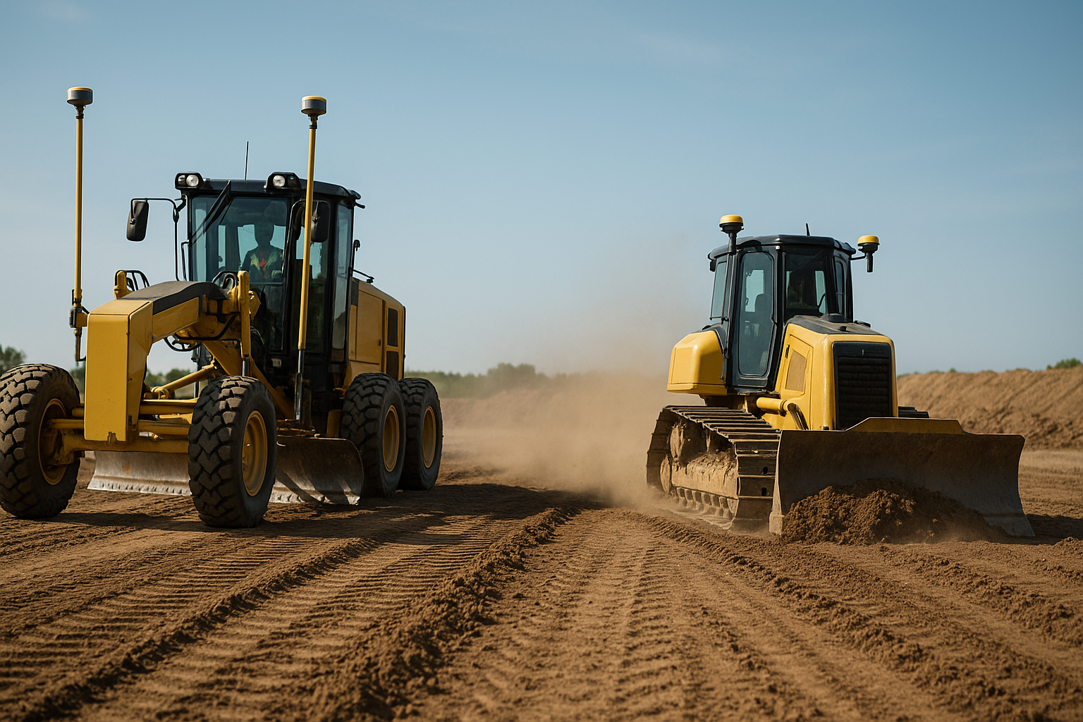 Two yellow bulldozers working on a dirt field, one with a blade raised, dust rising behind them.