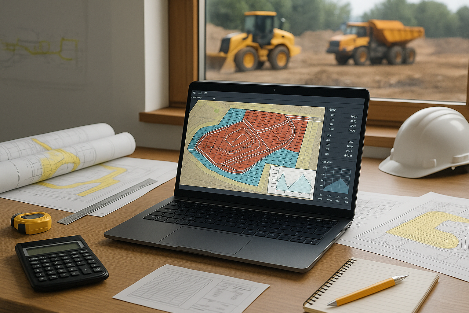 An architect's desk with blueprint papers, a calculator, a tape measure, and a laptop displaying a topographical map and data, with a construction site visible through the window.
