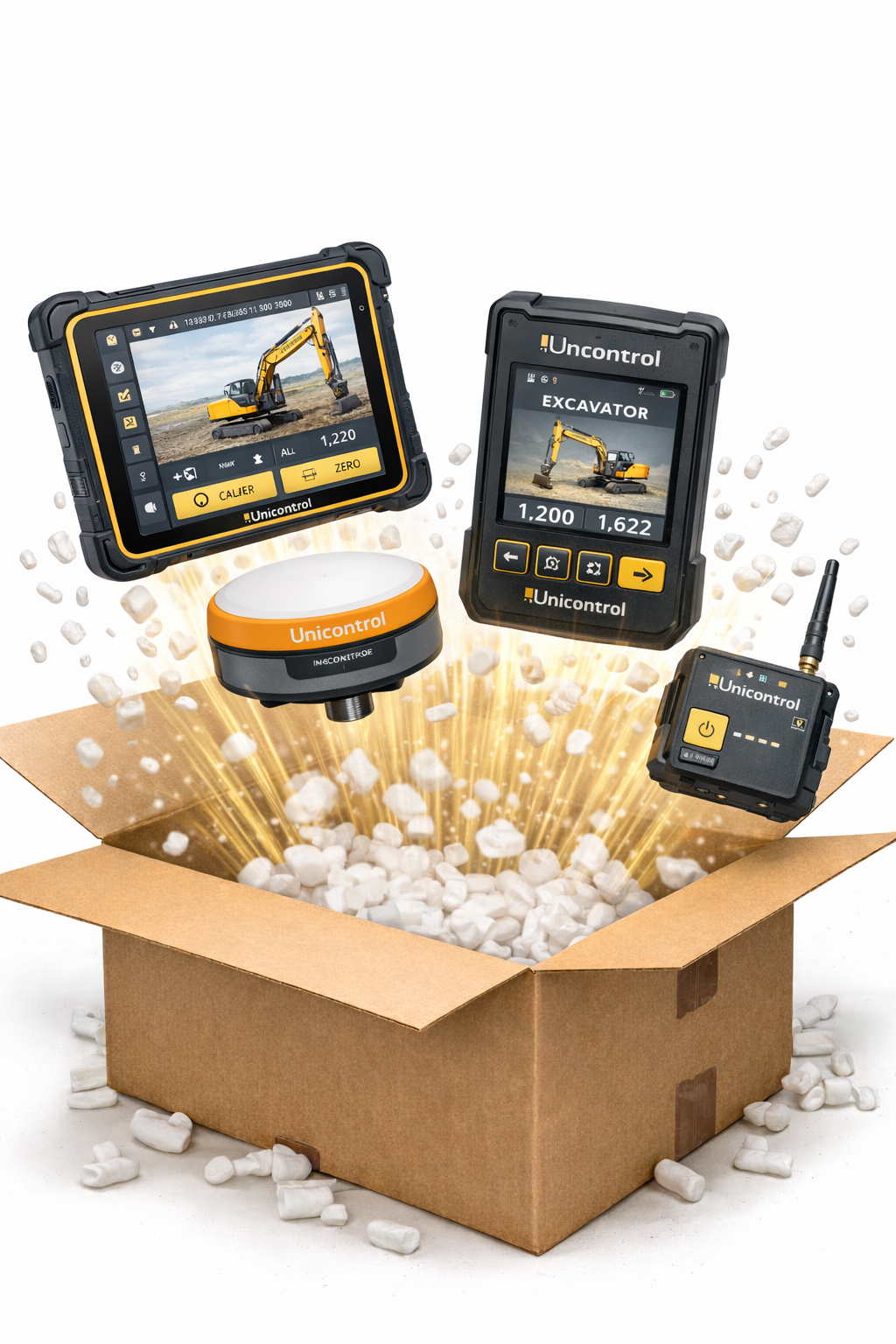 A cardboard box filled with packing peanuts, with four electronic control devices hovering above it, displaying images of construction equipment, and surrounded by a burst of light and scattered packing peanuts.