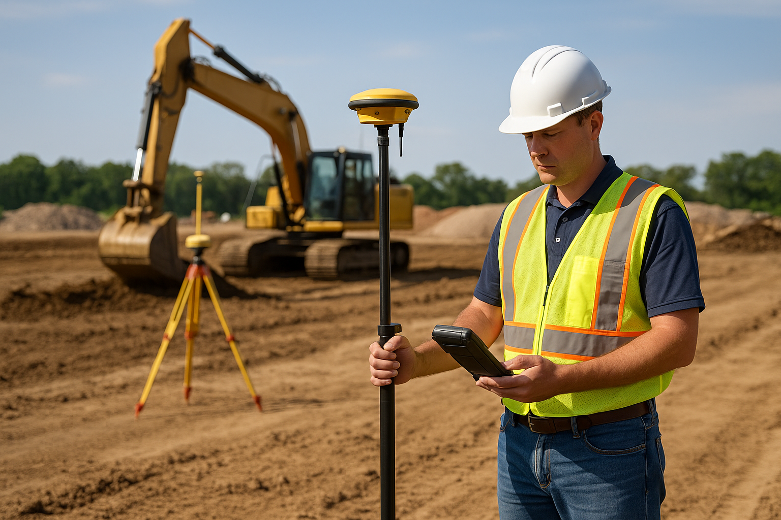Construction worker in a safety vest and helmet operating a tablet on a construction site with excavator in the background.