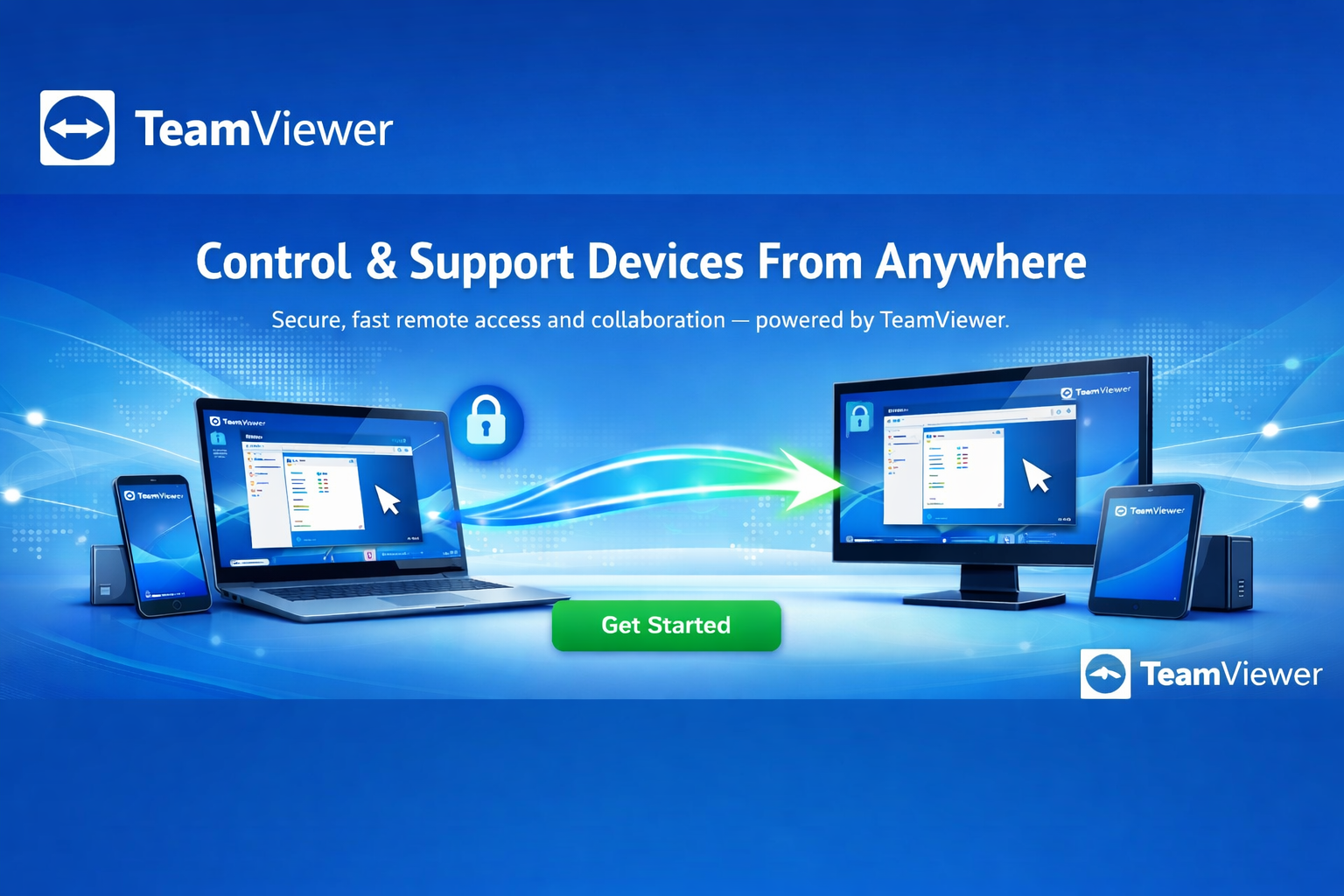 TeamViewer logo and software promotion with laptops, tablets, and smartphones showing remote device control, featuring a green 'Get Started' button.