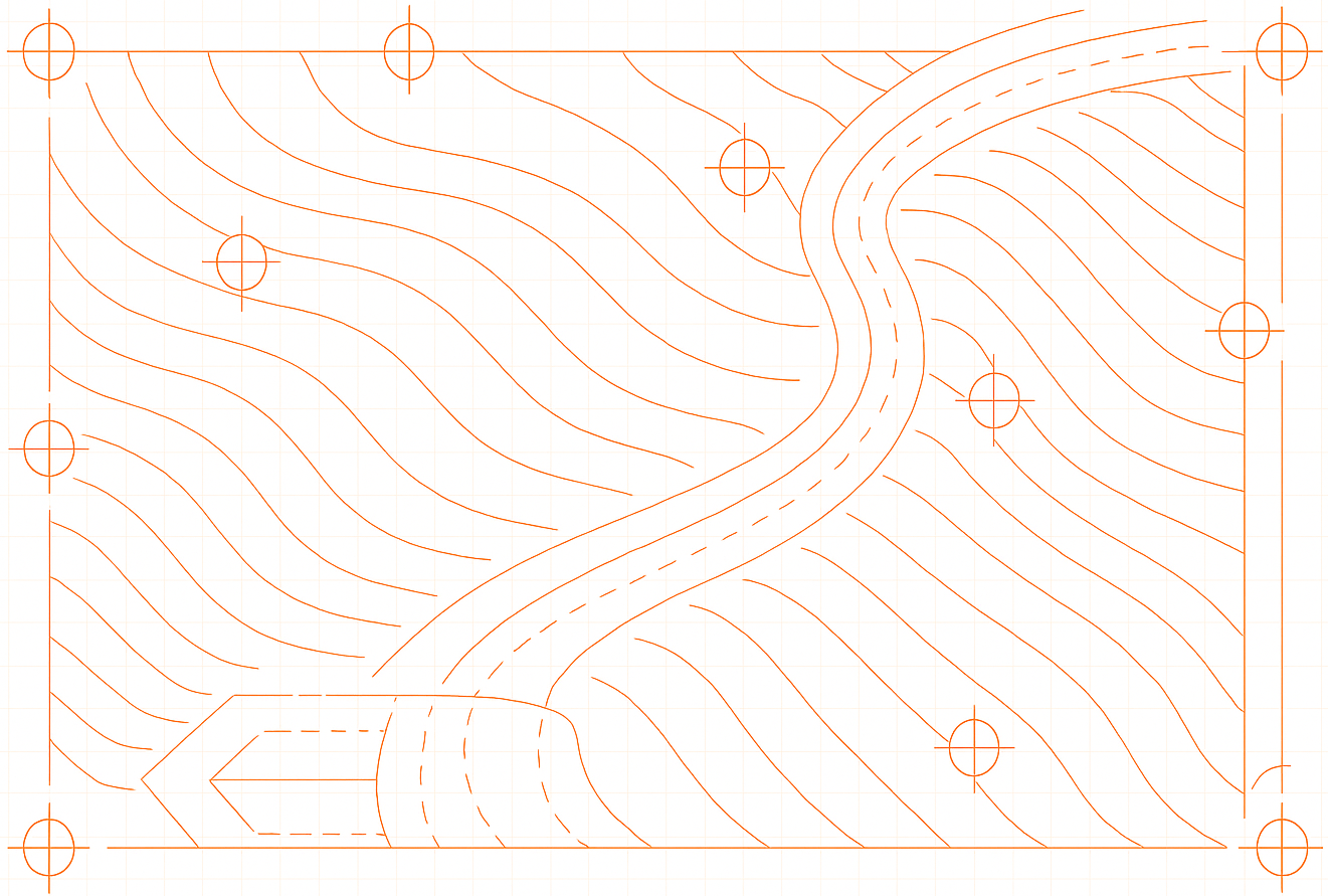 Technical drawing of a landscape with contour lines, a winding road, and a compass arrow, all on graph paper.