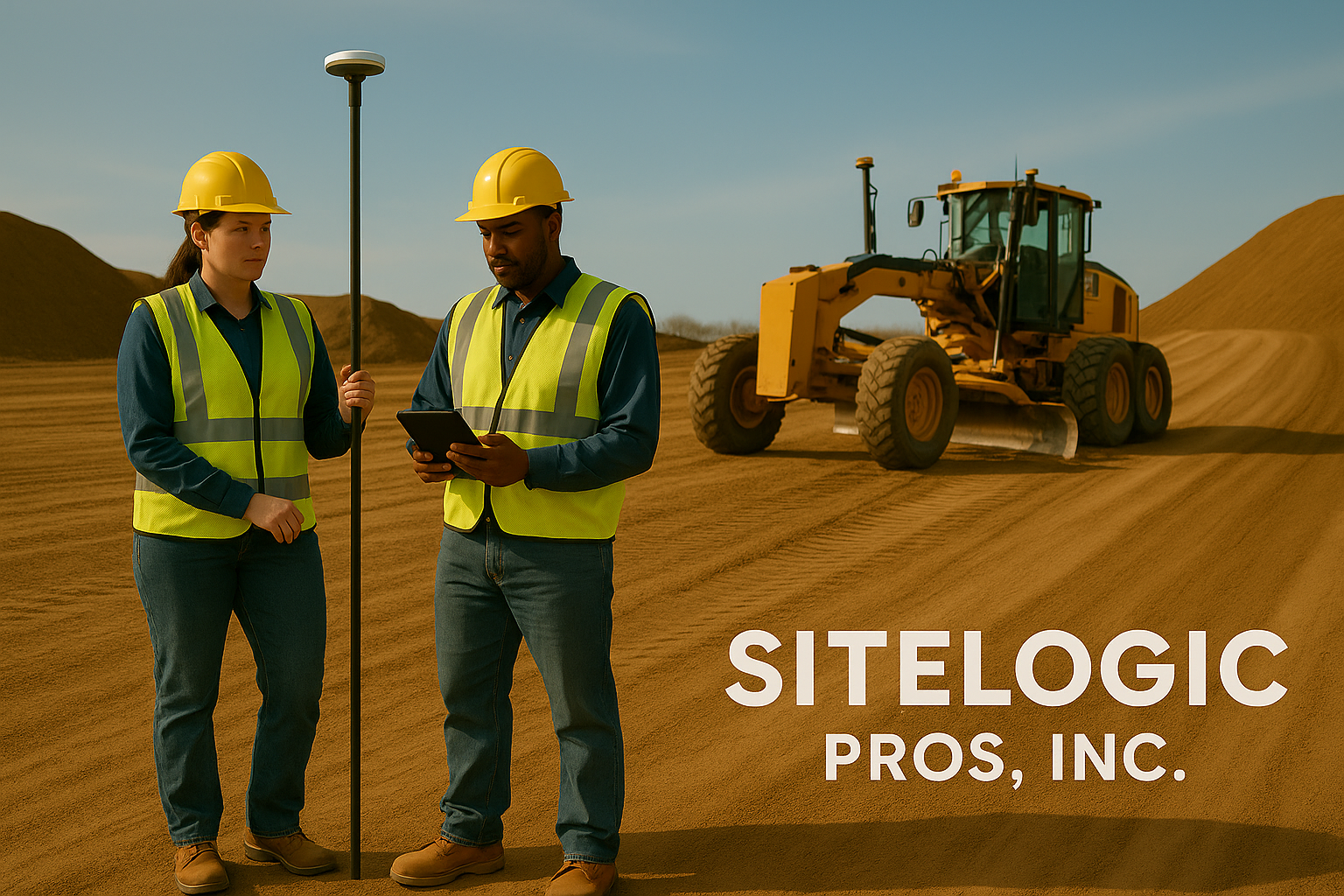 Two construction workers, a woman and a man, wearing yellow safety helmets and reflective vests, stand on a sandy construction site with a bulldozer in the background. The man is holding a digital device and looking at it, while the woman holds a survey pole. The scene is set on a clear day with blue skies. The text
