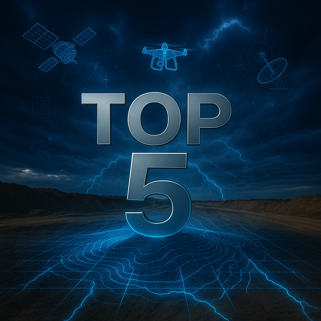 Futuristic digital image with the text 'TOP 5' in the center, set against a stormy, lightning-filled sky, with satellite, drone, and space-related icons surrounding the text.