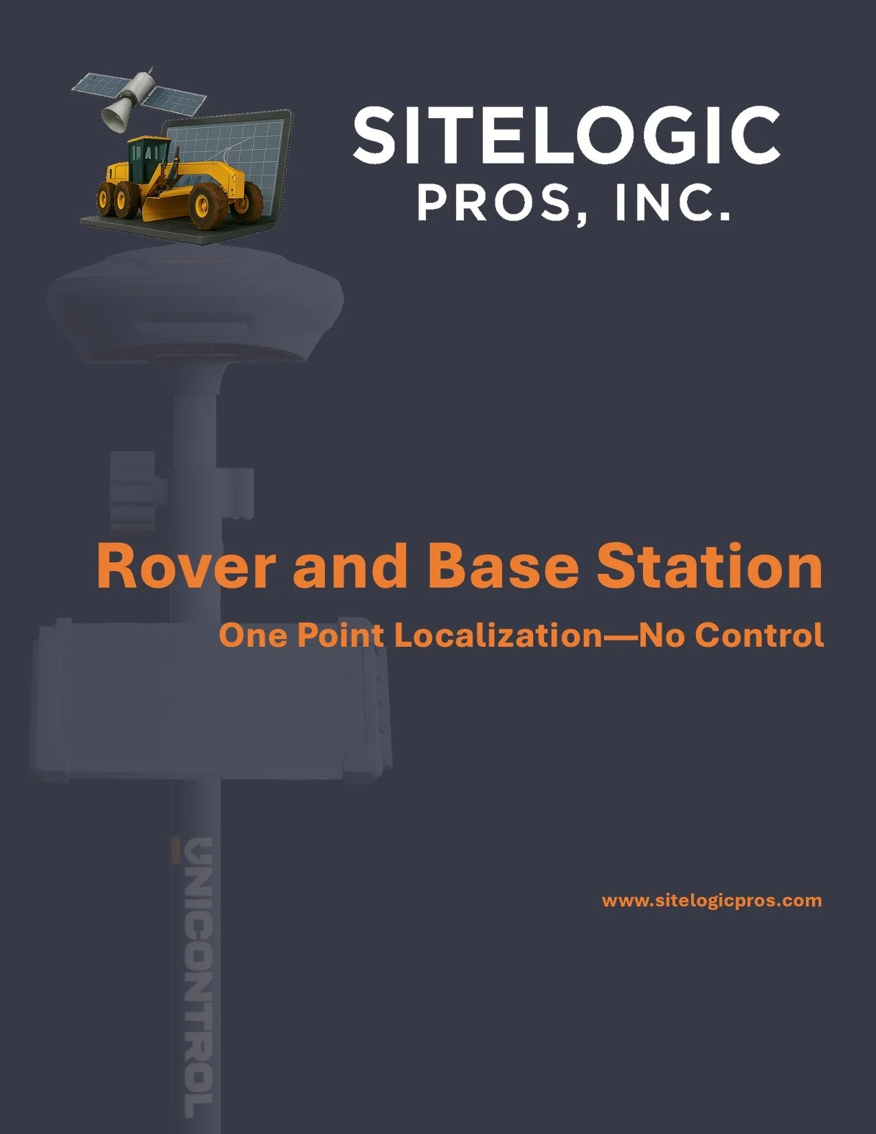 Cover page of a publication titled 'Rover and Base Station: One Point Localization—No Control,' featuring an illustration of a rover with a satellite and a base station robot on top of a pole.