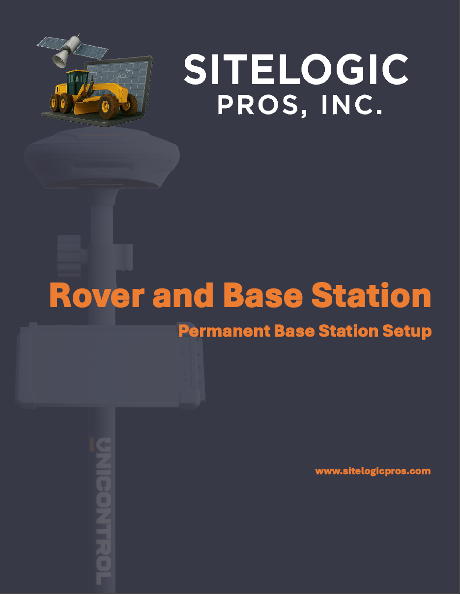 Cover page for a guide titled 'Rover and Base Station' with the subtitle 'Permanent Base Station Setup,' featuring a graphic illustration of a rover and base station setup.