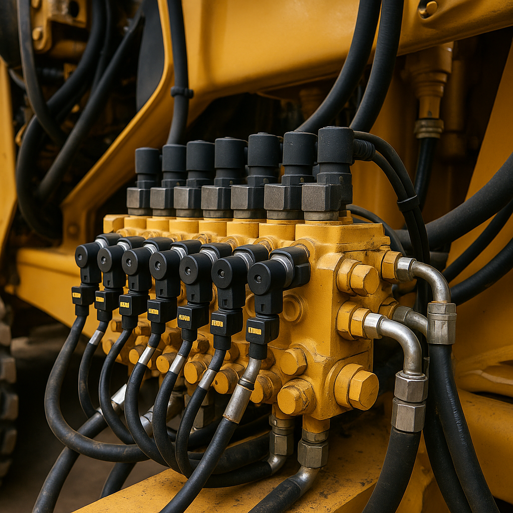 Close-up of hydraulic hoses and valves on heavy machinery, painted yellow.