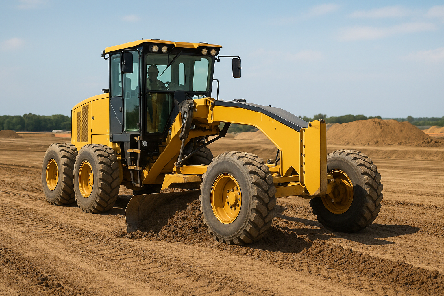 A yellow road grader leveling dirt on a construction site under a blue sky.