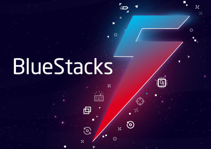 BlueStacks logo with a stylized lightning bolt on a dark space background with small icons.