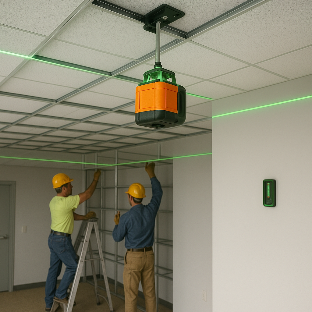 Two construction workers wearing yellow safety helmets installing a ceiling laser level in an office space, with green laser lines visible on the ceiling and walls.