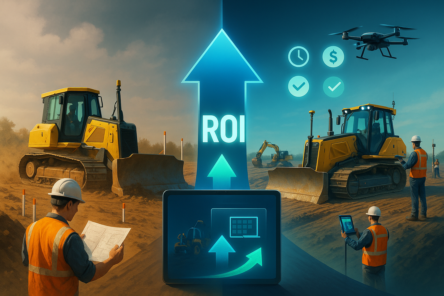 Construction site with workers and bulldozers, digital overlay showing ROI growth and analytics icons.