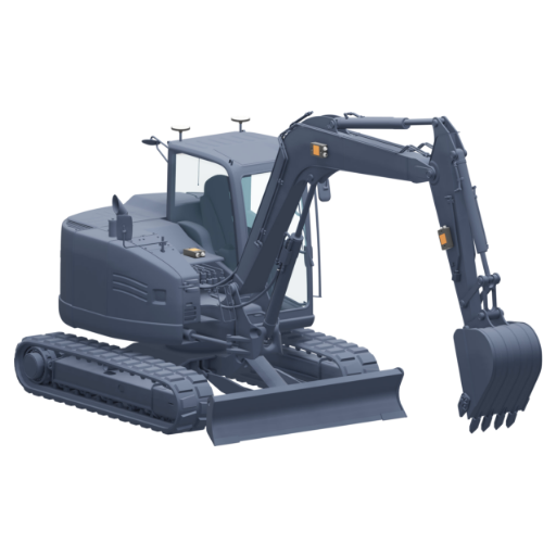 A black excavator with a cabin, arm, and bucket, positioned on tracks.