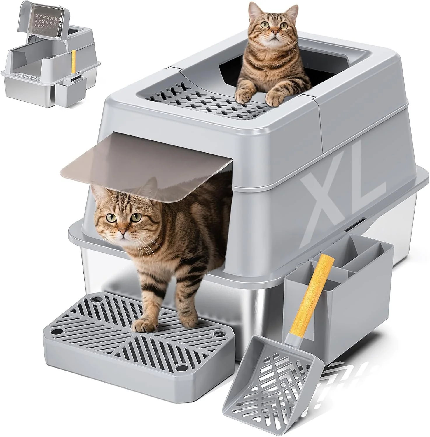 Two cats using a gray automatic litter box, one sitting inside on top, the other stepping out through a flap.