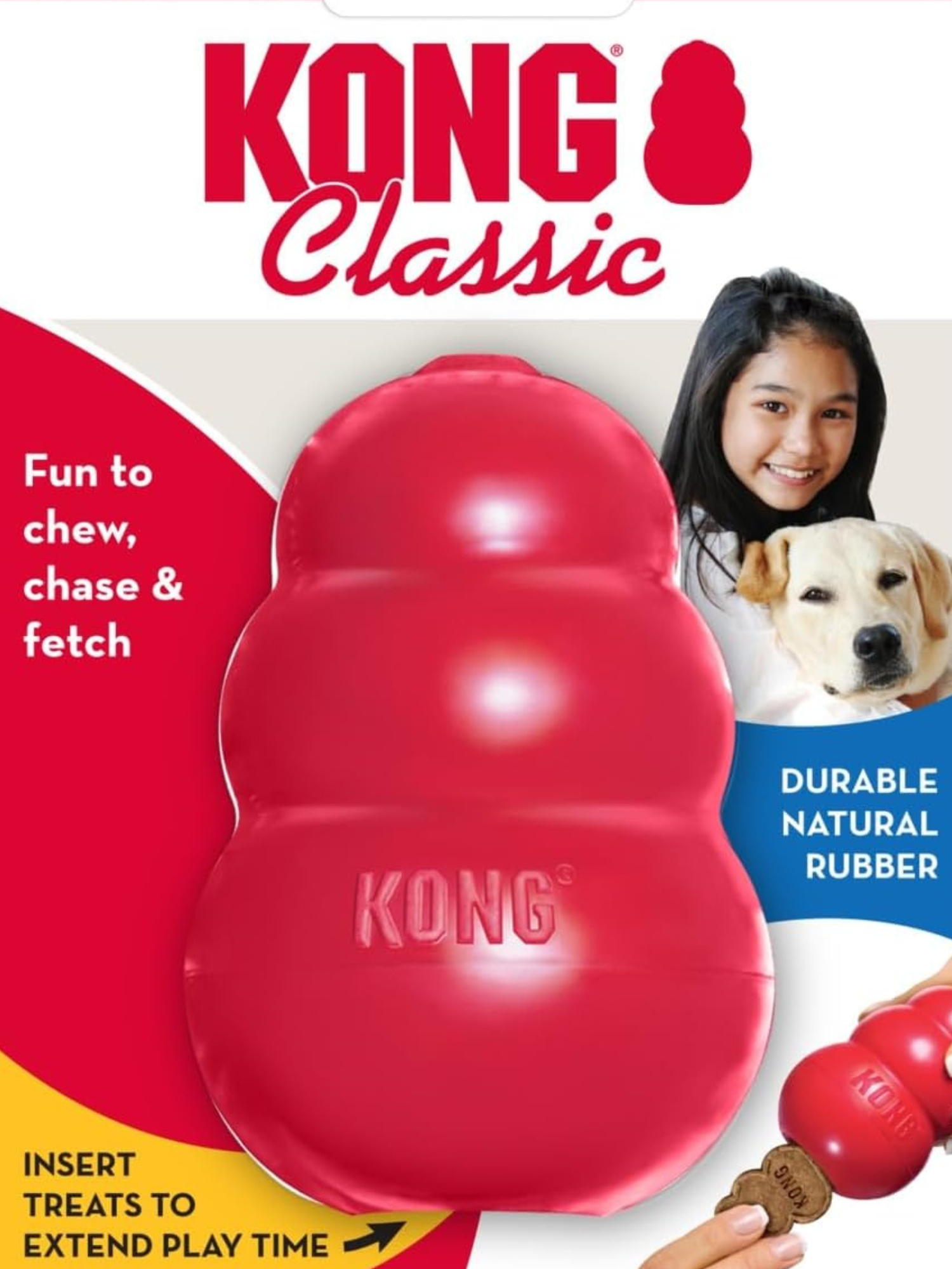 Packaging of KONG Classic dog toy in red, shaped like a bone, with a photo of a girl and a dog, and text highlighting durability and fun for chewing and fetching.