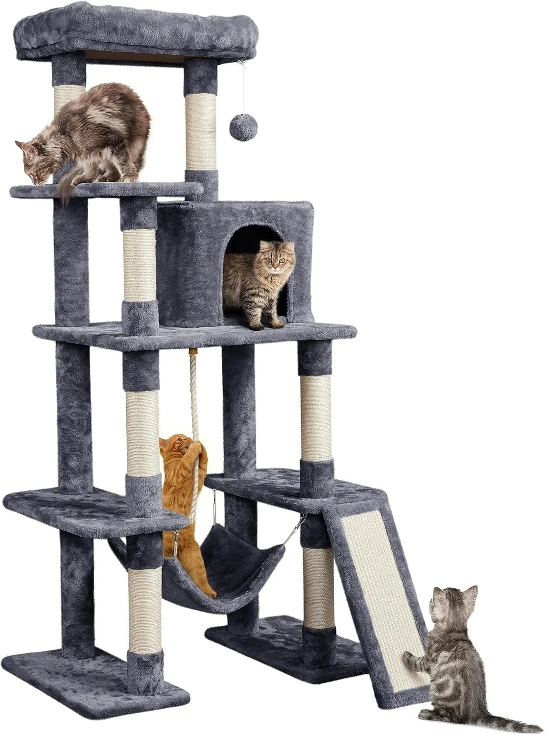 A multi-level gray cat tree with four cats playing and resting. One cat is climbing on top, another is inside a cubed compartment, a third is on a hammock, and the fourth is at the bottom near a small slide.