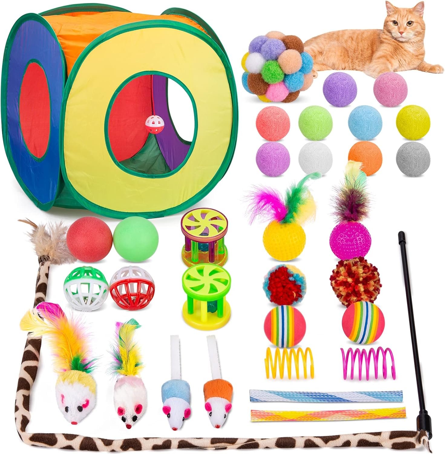 Set of colorful cat toys including balls, feathers, mice, and other structures for play inside a rainbow-colored animal play tent with a cat lying nearby.