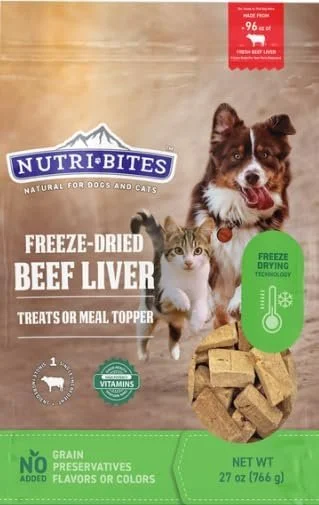 Nutri-Bites freeze-dried beef liver treats for dogs and cats, featuring images of a dog and a cat, with labels indicating freeze drying technology, no grain, preservatives, flavors or colors, and a net weight of 2.7 ounces.