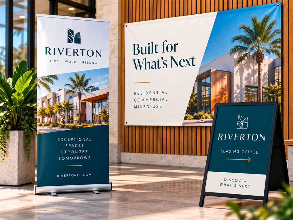 Large-format printing including banners, retractable displays, mounted signs, yard signs, and event graphics.