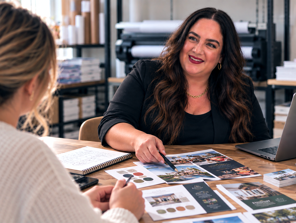 Creative consultant working with a client to review marketing materials, design ideas, and project direction.