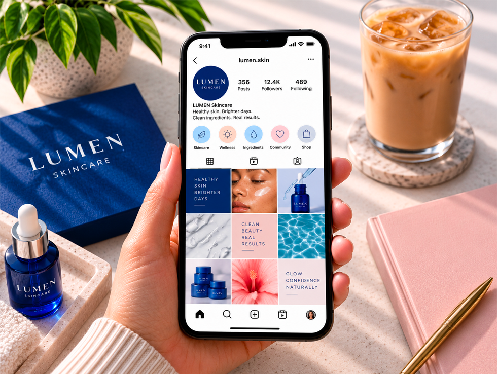 Social media marketing and content design shown through a professionally branded social media feed on a smartphone.