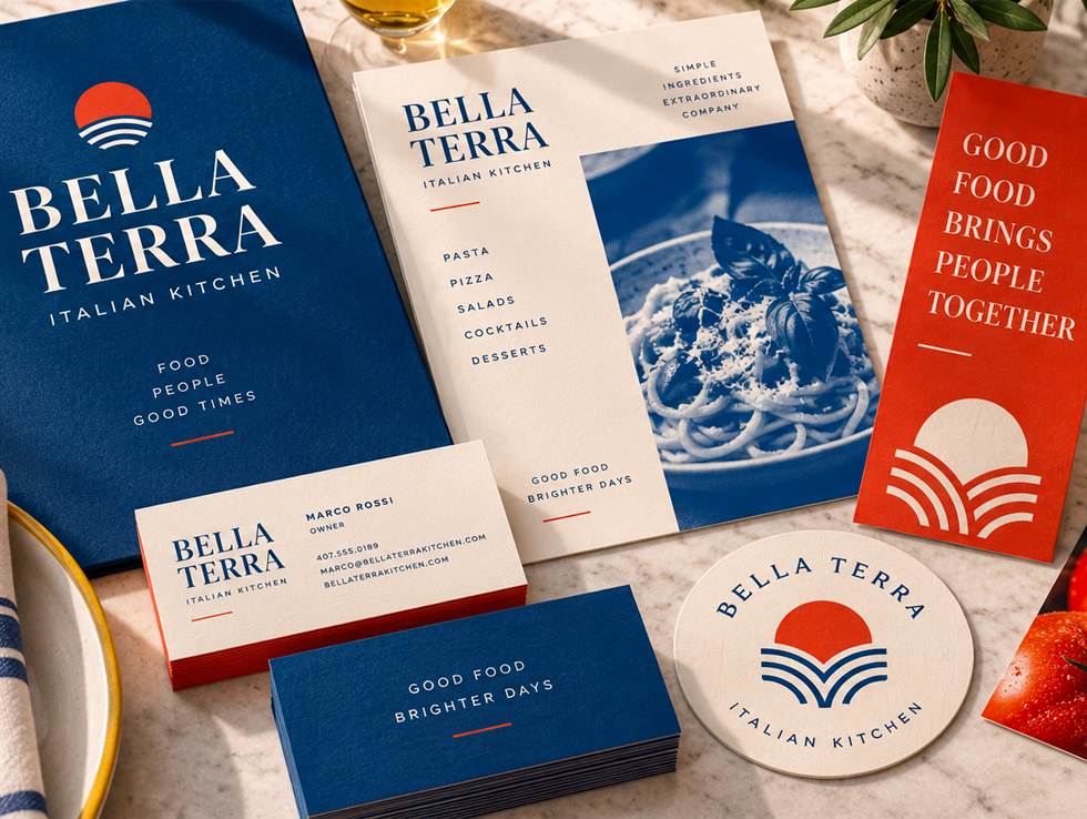 Custom brand identity displayed across menus, business cards, packaging, and other branded materials.