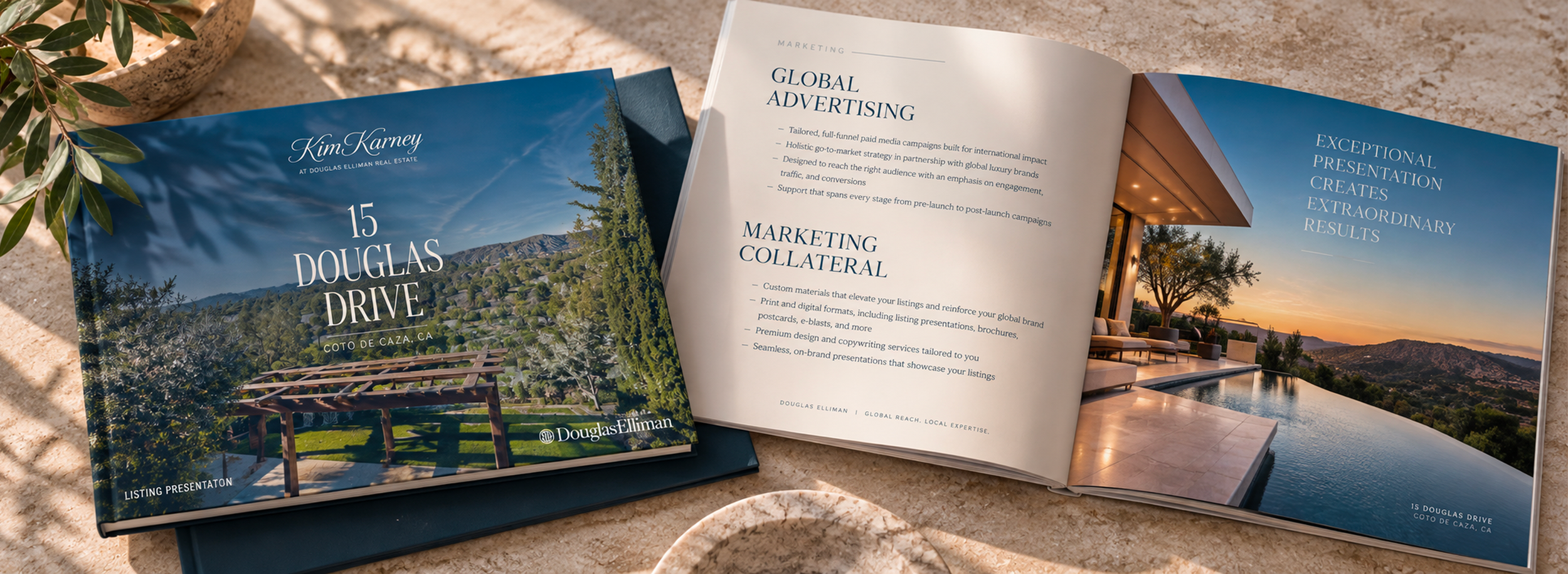 Luxury real estate listing presentation featuring custom editorial design, property photography, marketing strategy, and professional print layout.
