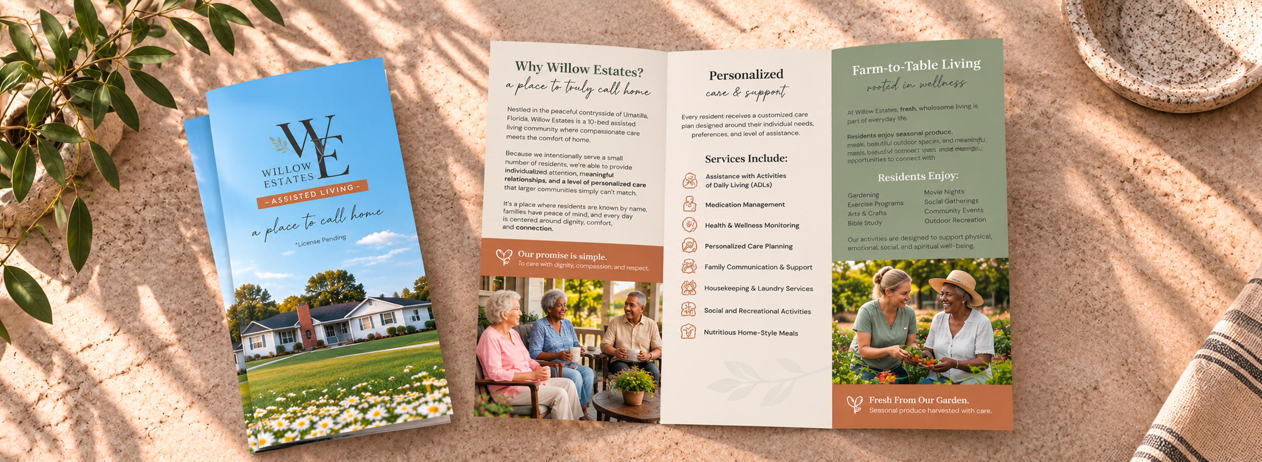 Custom assisted living trifold brochure featuring professional print design, brand storytelling, resident services, and lifestyle imagery.