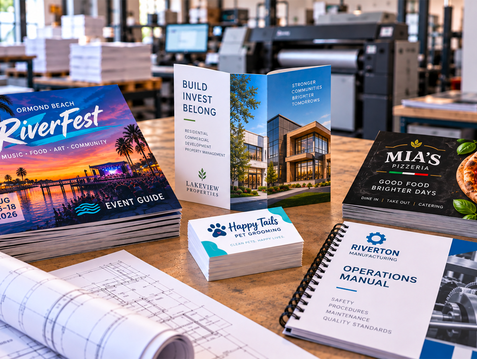 Variety of professionally printed materials including booklets, business cards, brochures, manuals, and architectural plans.
