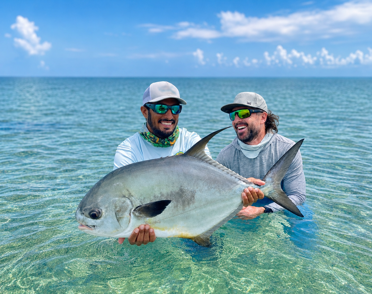 Two anglers holding a large permit in the shallow flats of Grand Bahama, Bahamas.