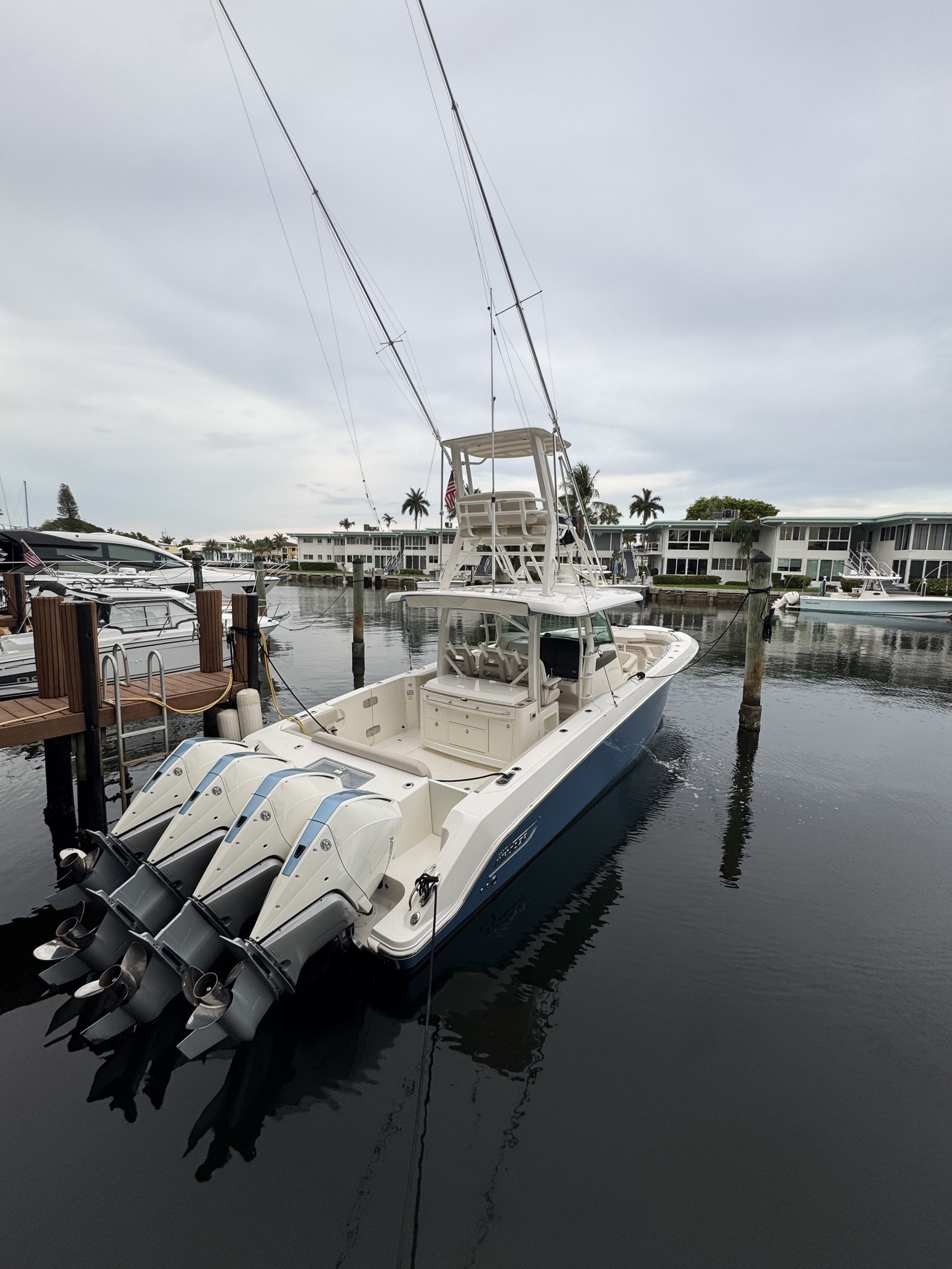 Center console sportfishing boat prepared for professional vessel delivery in The Bahamas.
