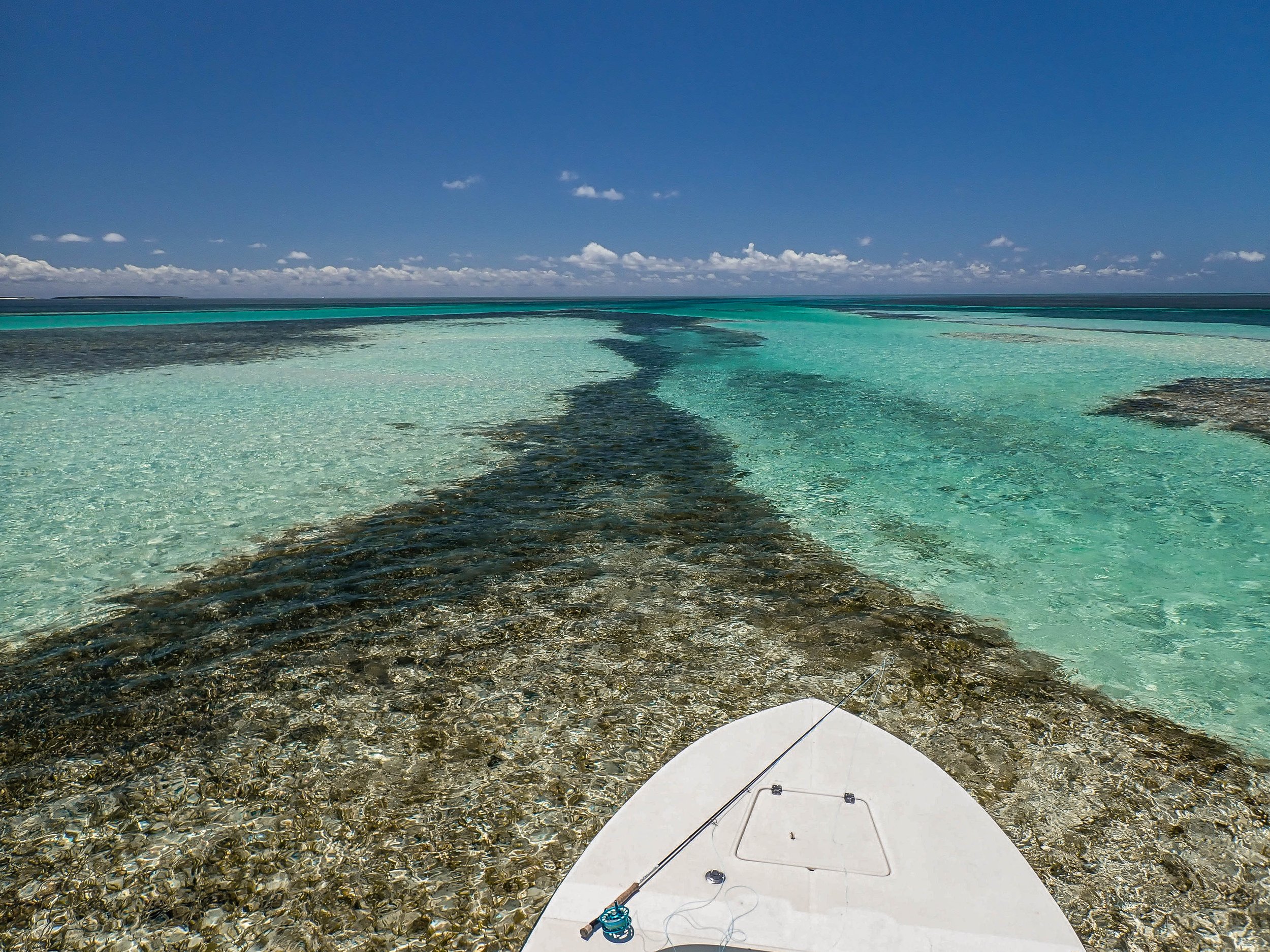 View from a flats skiff across a shallow flat and clear Bahamian water.