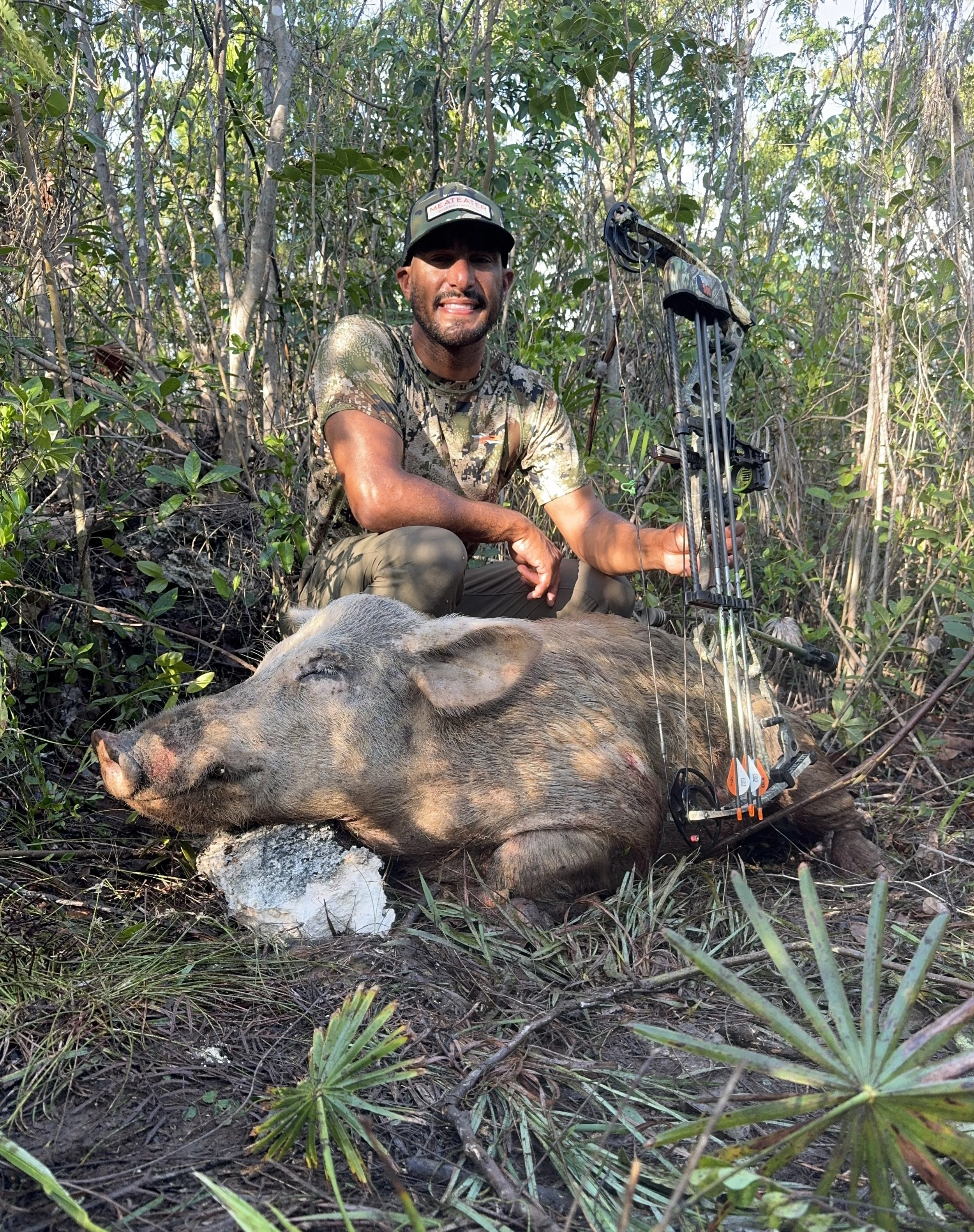 A man in camouflage clothing and a cap, smiling, sitting in a forested area with a bow and arrow, next to a dead pig.