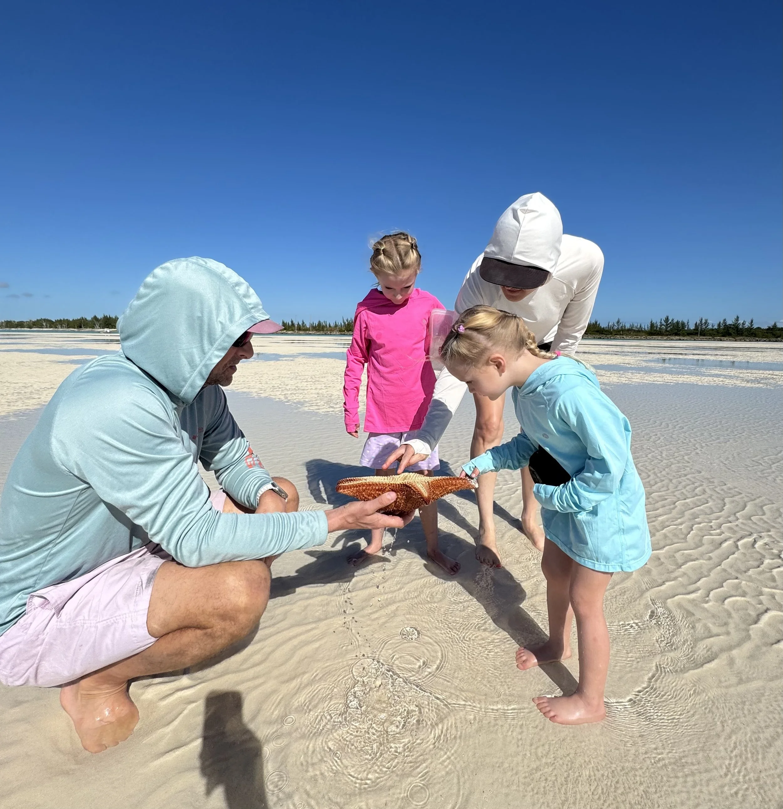 Group of children and an adult at the beach, gathered around a starfish on a small table. The children are wearing colorful rain jackets, and the adult is dressed in a light-colored hoodie and shorts. They are standing on wet sand with a clear blue sky overhead.