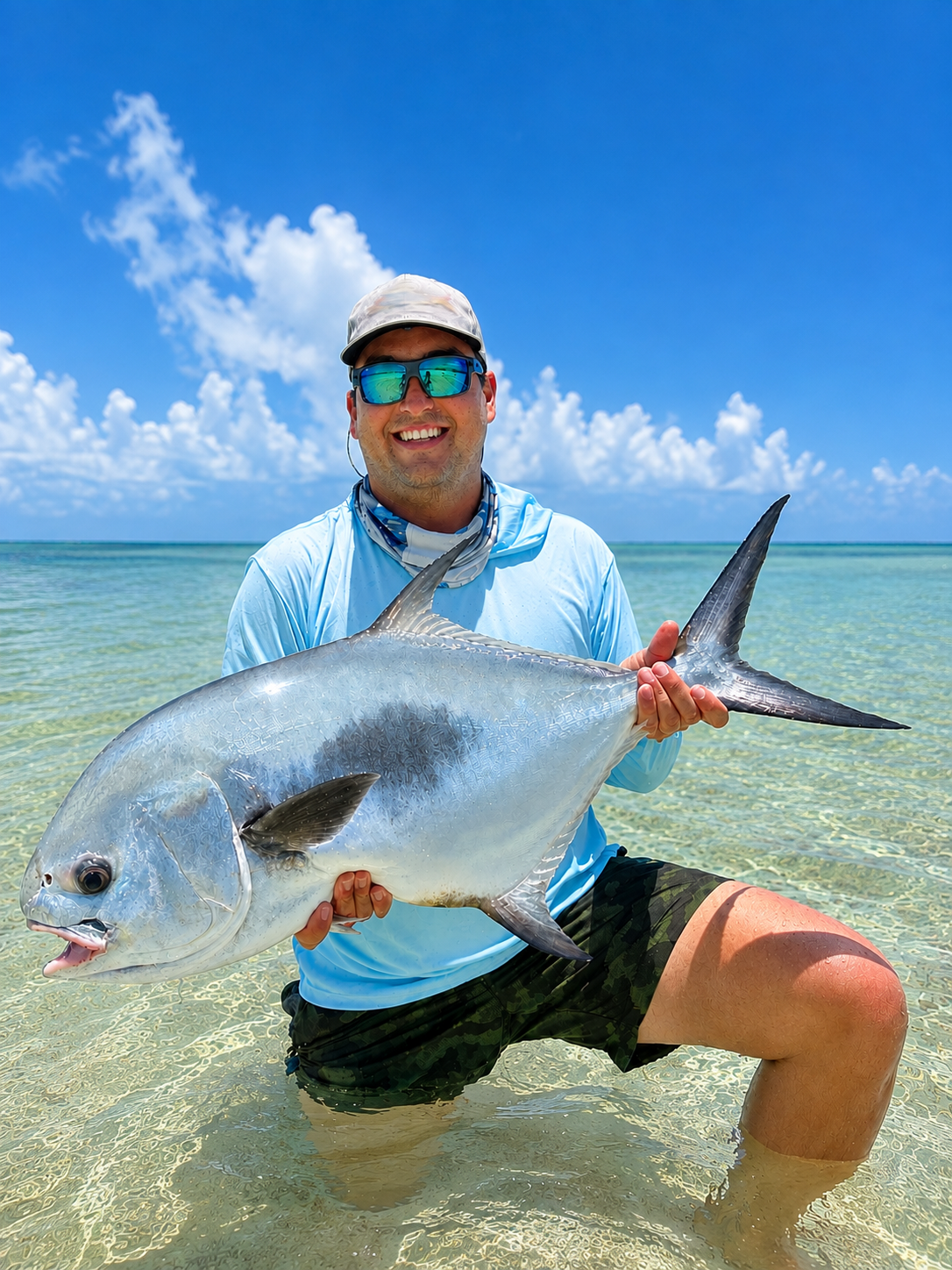Angler holding a large permit while flats fishing in the clear shallow waters of Grand Bahama, The Bahamas.