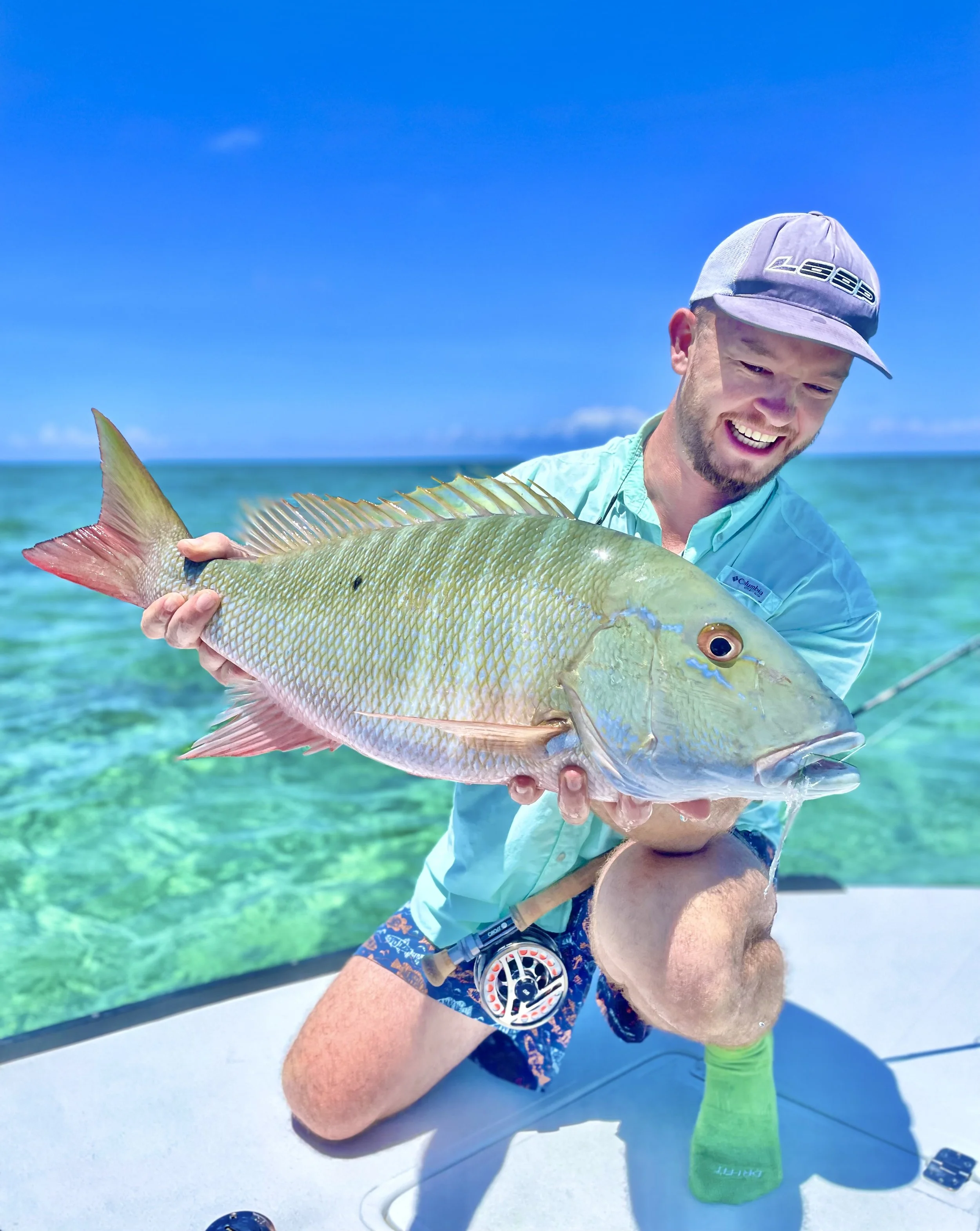 A man on a boat in the ocean holding a large fish with yellow and silver scales, a pink tail, and fins, smiling and looking at the fish, wearing a baseball cap and a light blue shirt, with the blue sky and ocean in the background.