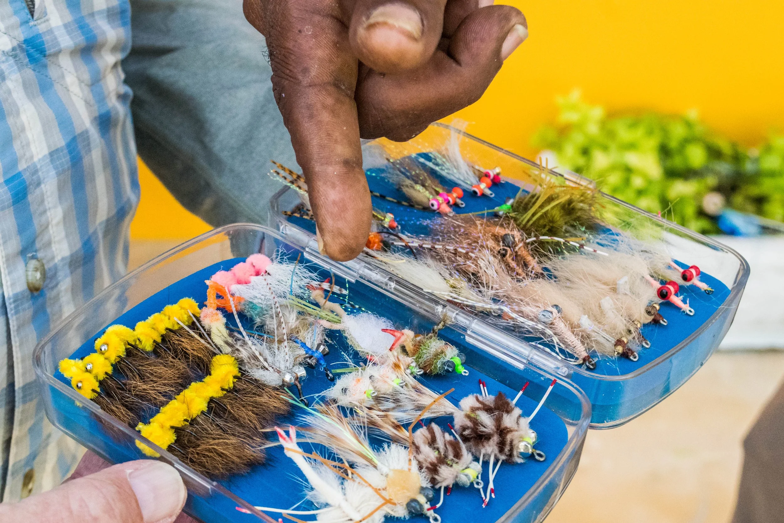 Selection of bonefish and permit fly patterns used for guided flats fishing trips in Grand Bahama, Bahamas.