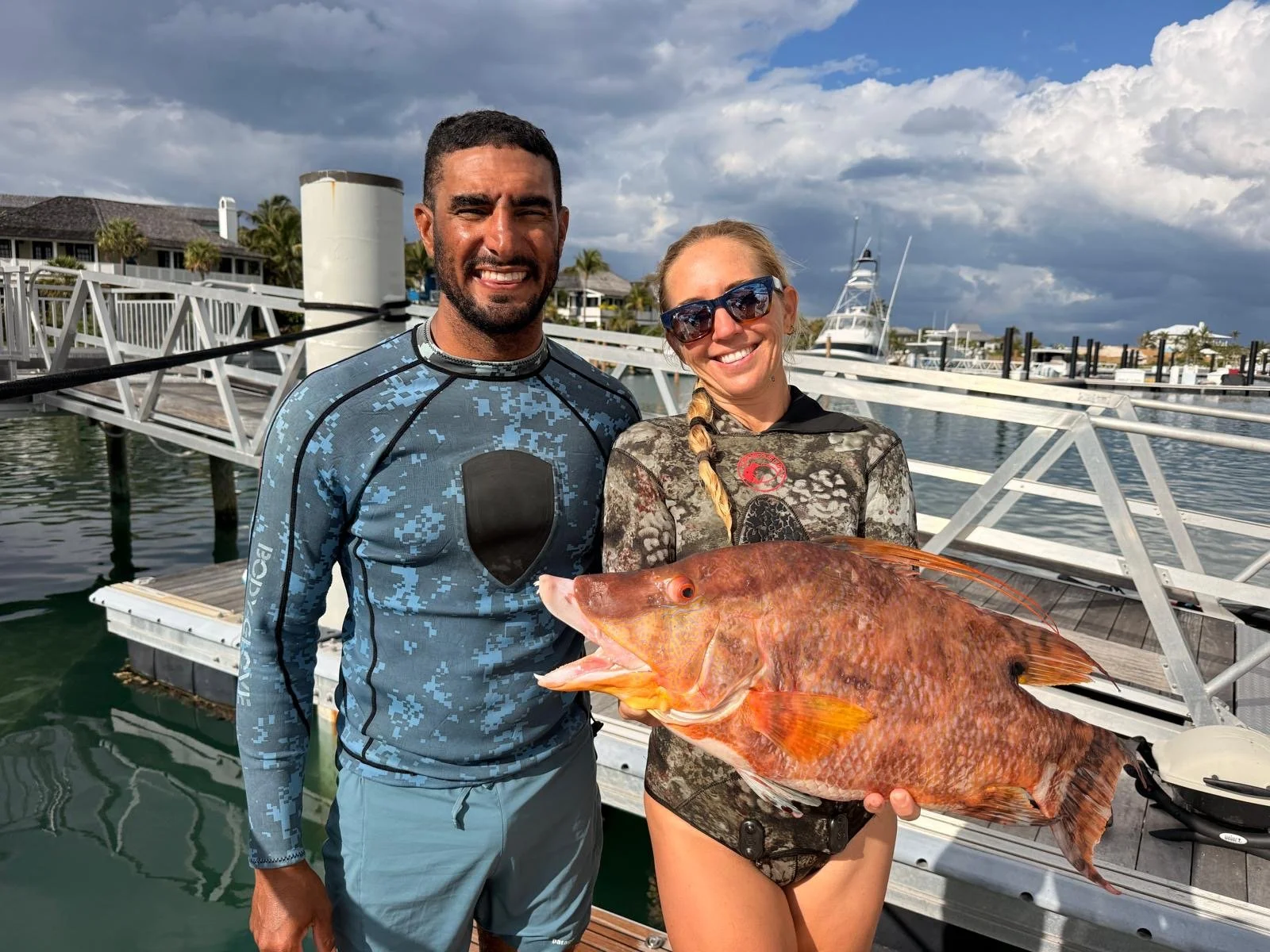 Divers holding a large hogfish after a spearfishing trip in Abaco, Bahamas.