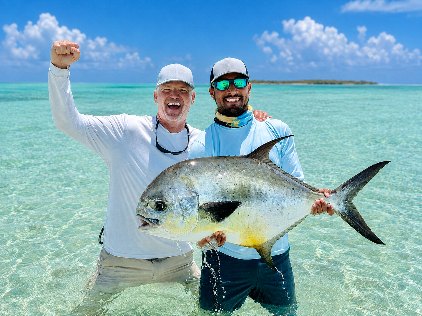 Anglers holding a possible world record permit in shallow turquoise water in Grand Bahama, Bahamas.