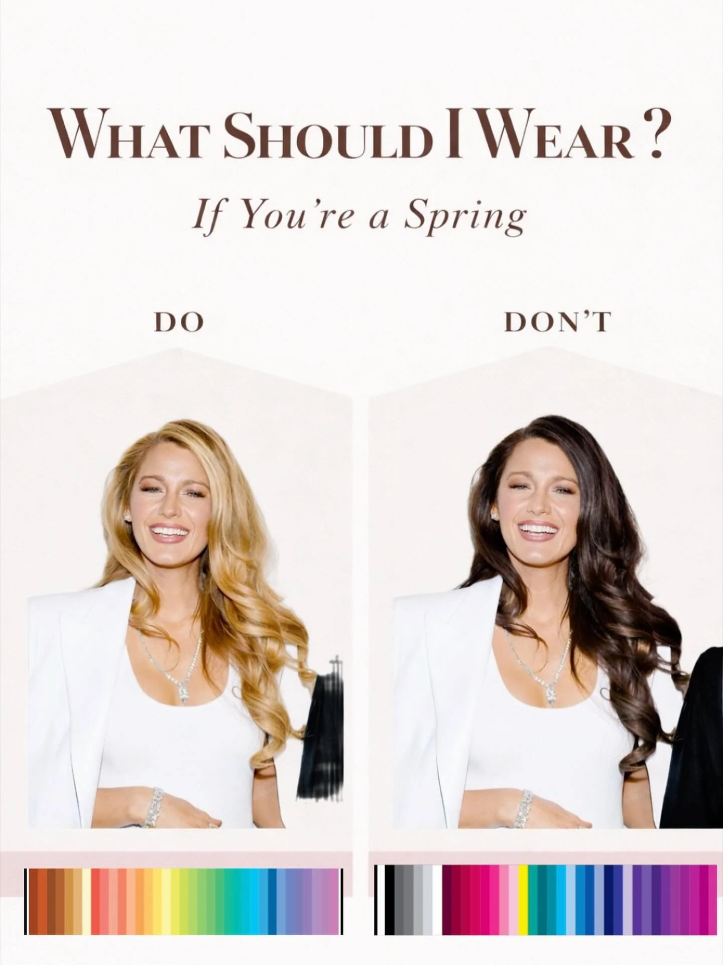 What makes a Spring glow vs. what dulls her ✨

If you&rsquo;re a Spring, your beauty comes from warmth + brightness + lightness &mdash; think sunlit, fresh, radiant.

On the left (DO):
Golden, warm, luminous tones bring life to the skin, brighten the