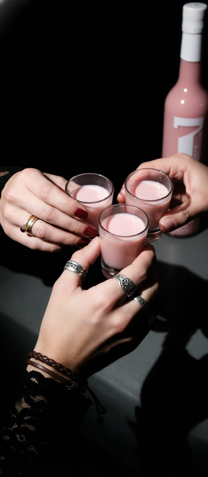 Tres personas brindando con shots de Fresa Lujuriosa de 7 Pecados, crema de pisco rosada en fondo negro con botella premium destacada.
