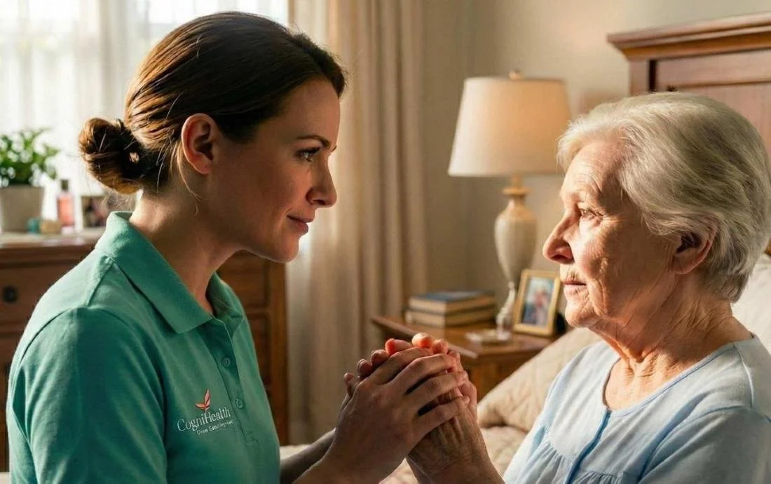Cognihealth caregiver providing compassionate in-home dementia care to a senior woman in San Diego