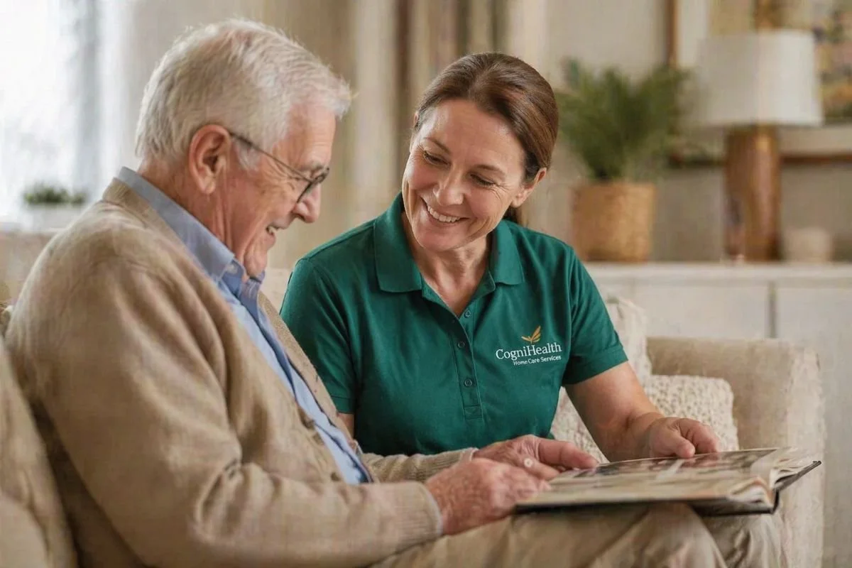 A woman wearing a green CogniHealth polo shirt smiling and looking at an open photo album with an elderly man sitting beside her.