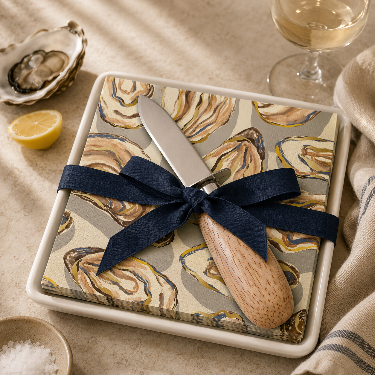 Ceramic Napkin Tray with Shucker - Oysters